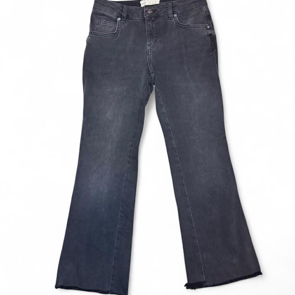Free People Womens Black Wash Denim Flare Crop Raw Hem Mid Rise Jeans Sz 25R
